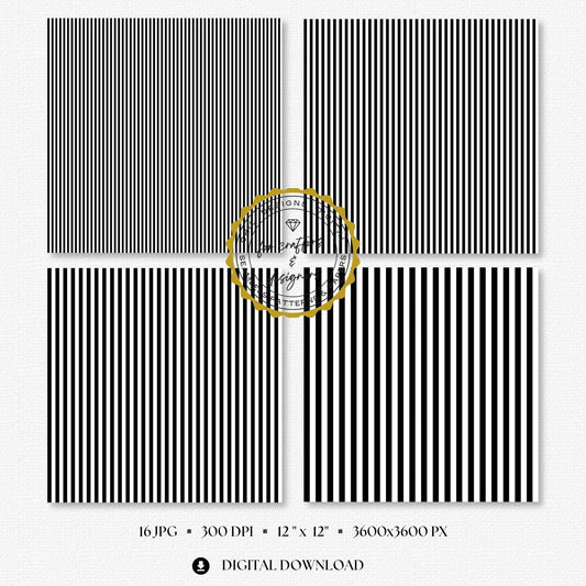 Four black and white fine stripe papers showing narrow straight vertical stripe variations.