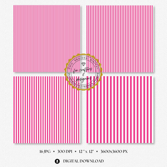 Hot pink and white seamless stripe digital papers showing a coordinated mix of narrow, medium and wide straight stripe patterns for crafts and stationery.