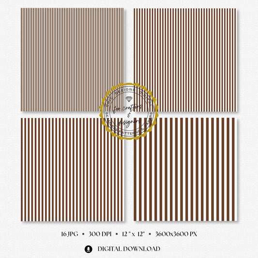 Warm brown and white seamless stripe digital papers showing a coordinated mix of narrow, medium and wide straight stripe patterns for rustic stationery and autumn crafts.
