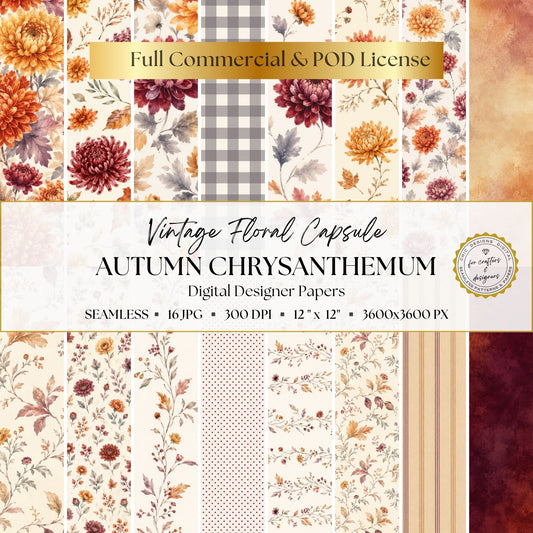 Autumn Chrysanthemum collection of 16 seamless digital papers featuring vintage florals, botanical trails, gingham, dots, stripes and aged textures in orange, burgundy, plum and cream.