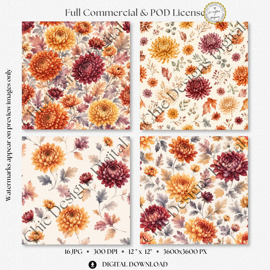 Four large-scale chrysanthemum patterns with burnt orange, golden yellow and burgundy flowers, scattered autumn leaves and warm cream backgrounds.