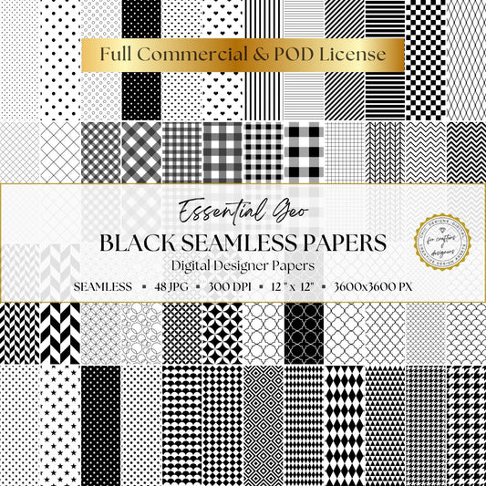 Black and white Essential Geo digital paper collection with 48 seamless geometric patterns, including dots, stripes, checks, stars, hearts, diamonds and chevrons for scrapbooking, junk journals and creative backgrounds.