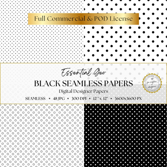 Black and white seamless polka dot digital papers in four coordinating styles, including fine dots, large dots, outlined circles and reversed black backgrounds.