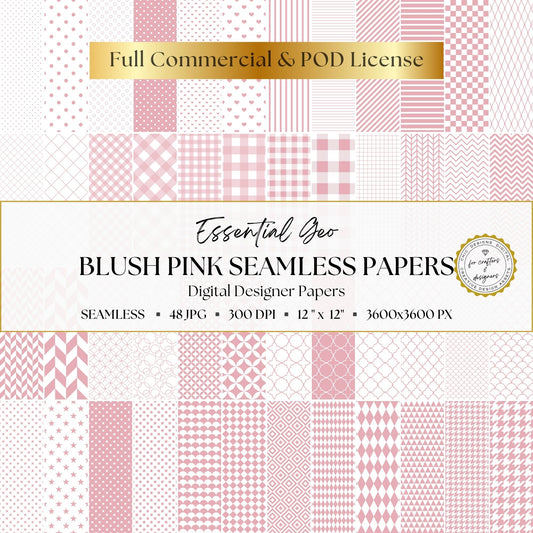 Blush pink Essential Geo collection of 48 seamless geometric digital papers with dots, stripes, checks, hearts, stars and repeating patterns.