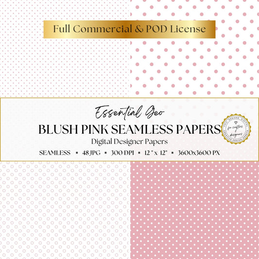 Blush pink and white seamless polka dot digital papers in four variations, including fine dots, large dots and reversed pink.