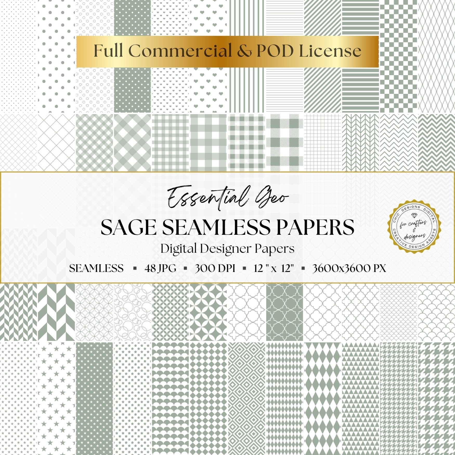Essential Geo collection of 48 seamless sage green and white geometric digital papers in varied patterns and scales.