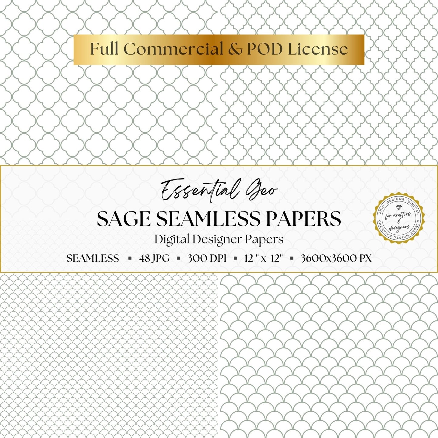 Sage green quatrefoil lattice and scalloped geometric digital papers in small and large scales.