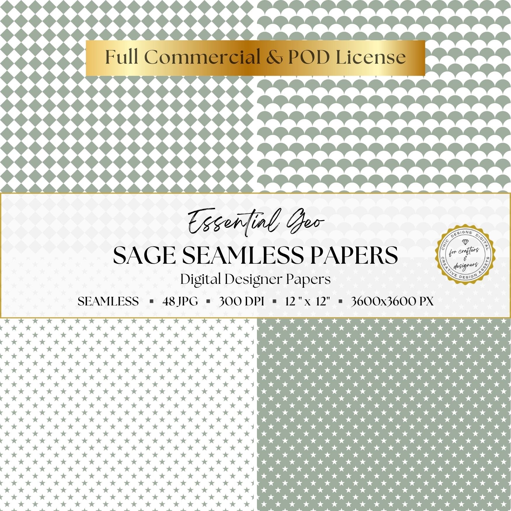 Sage green diamond checks, scallops and star patterns with coordinating white and sage backgrounds.