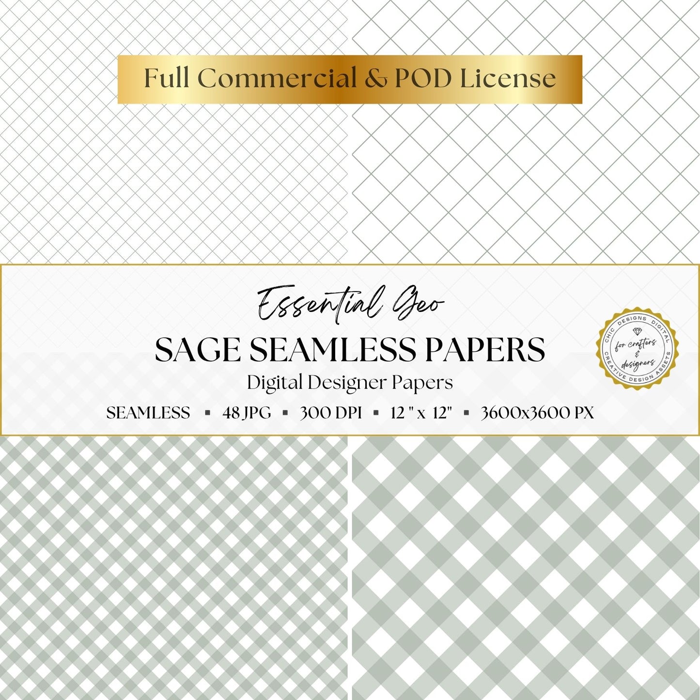 Sage green diamond lattice and diagonal gingham digital papers shown in delicate and bold variations.
