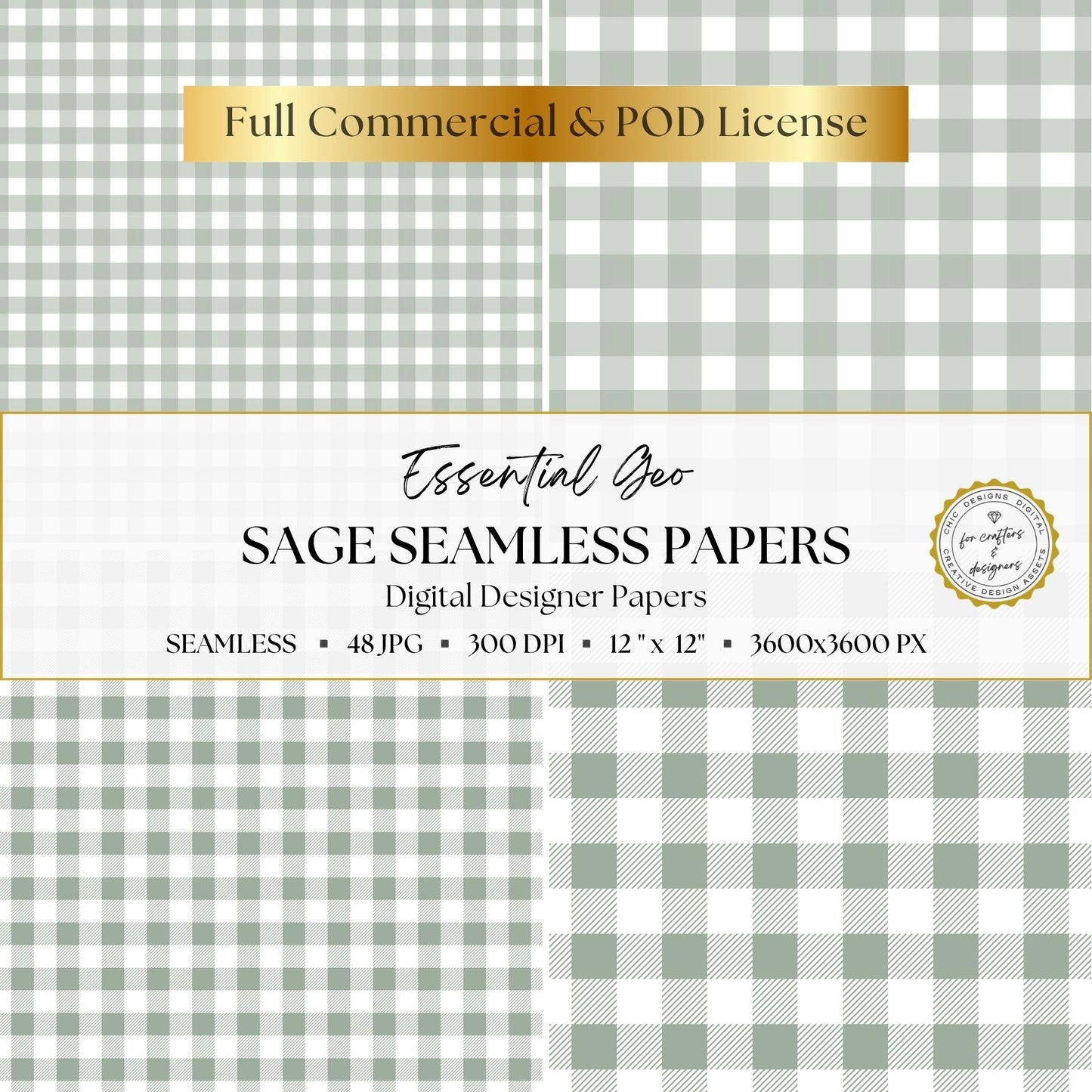 Sage green and white gingham and checked digital papers in four coordinating pattern sizes.