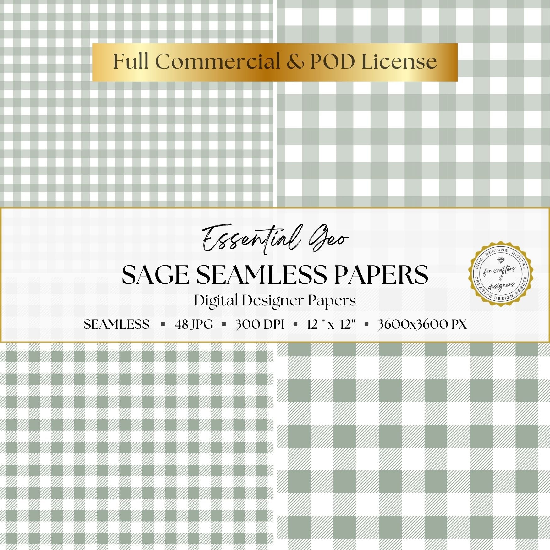 Sage green and white gingham and checked digital papers in four coordinating pattern sizes.