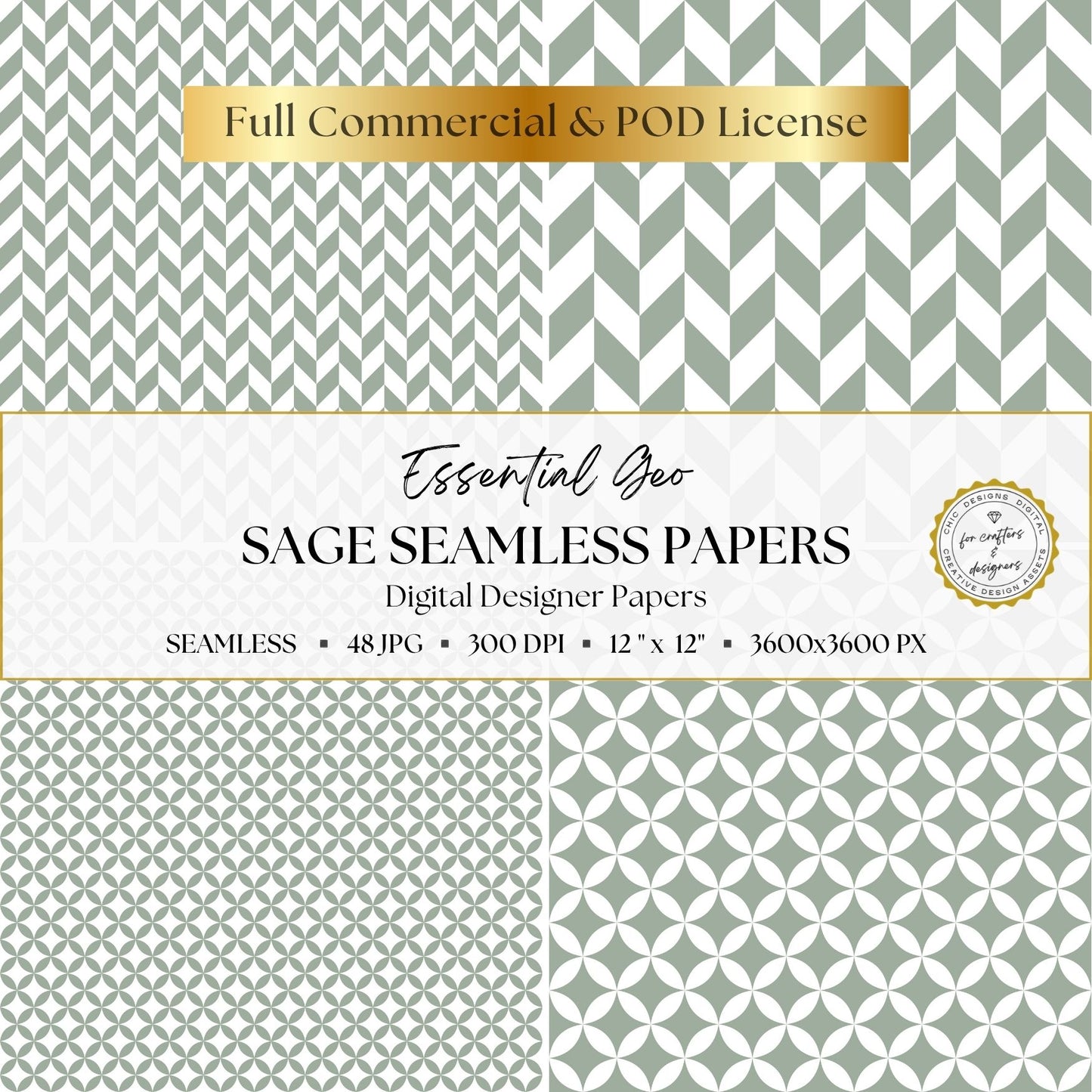 Sage green herringbone and four-petal geometric repeat patterns shown in small and large scales.