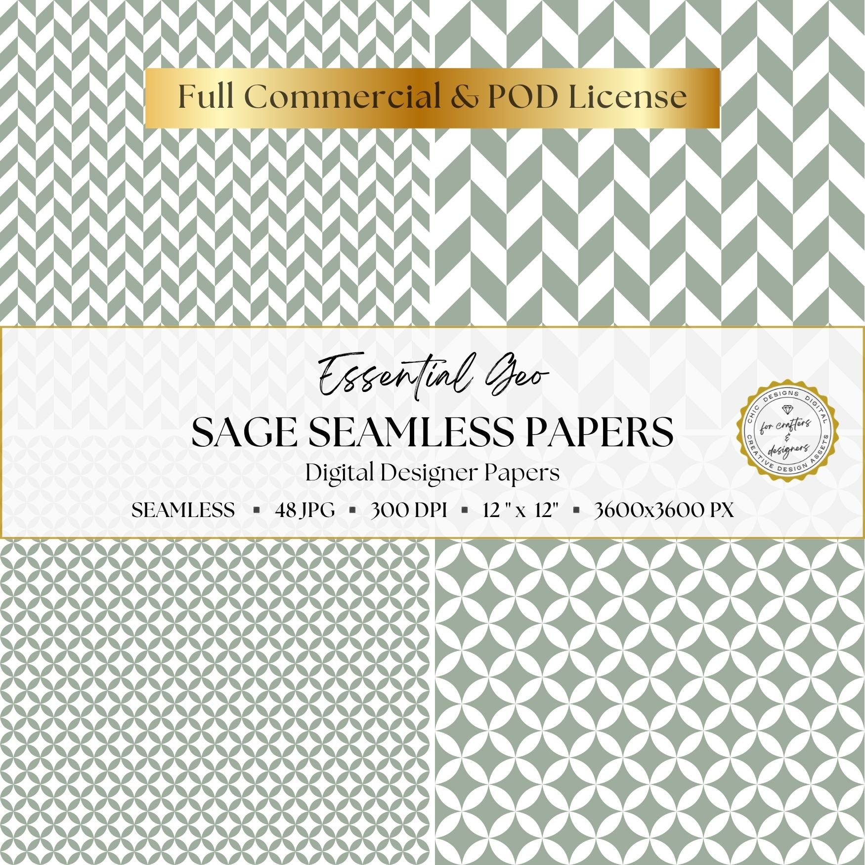 Sage green herringbone and four-petal geometric repeat patterns shown in small and large scales.