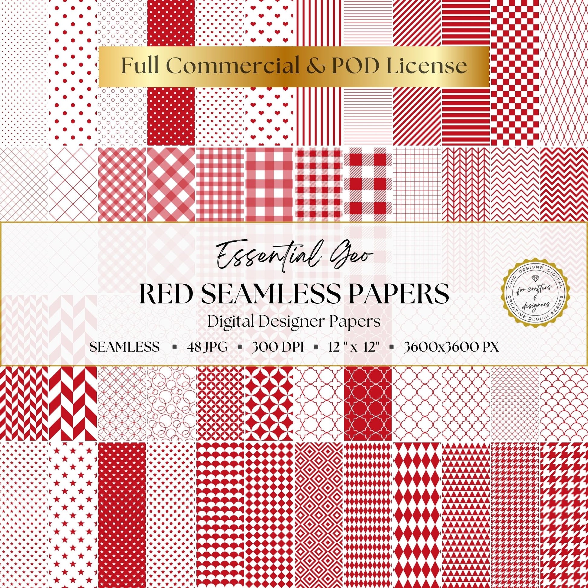 Red and white Essential Geo digital paper pack featuring 48 seamless geometric patterns.