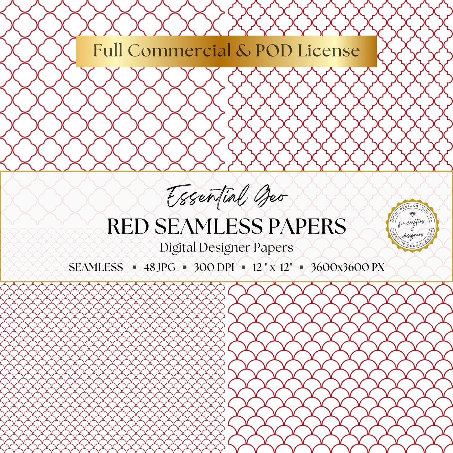 Red quatrefoil and scallop digital papers shown in fine and larger scales.