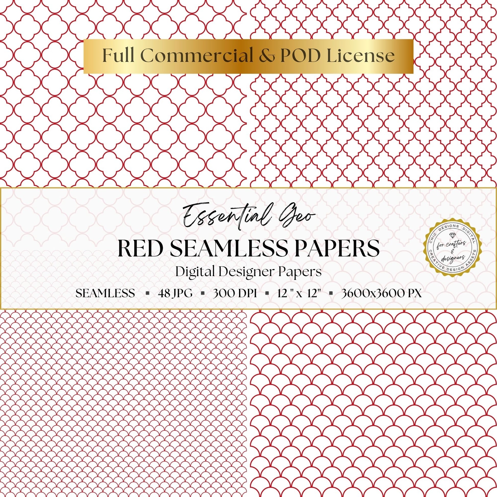 Red quatrefoil and scallop digital papers shown in fine and larger scales.