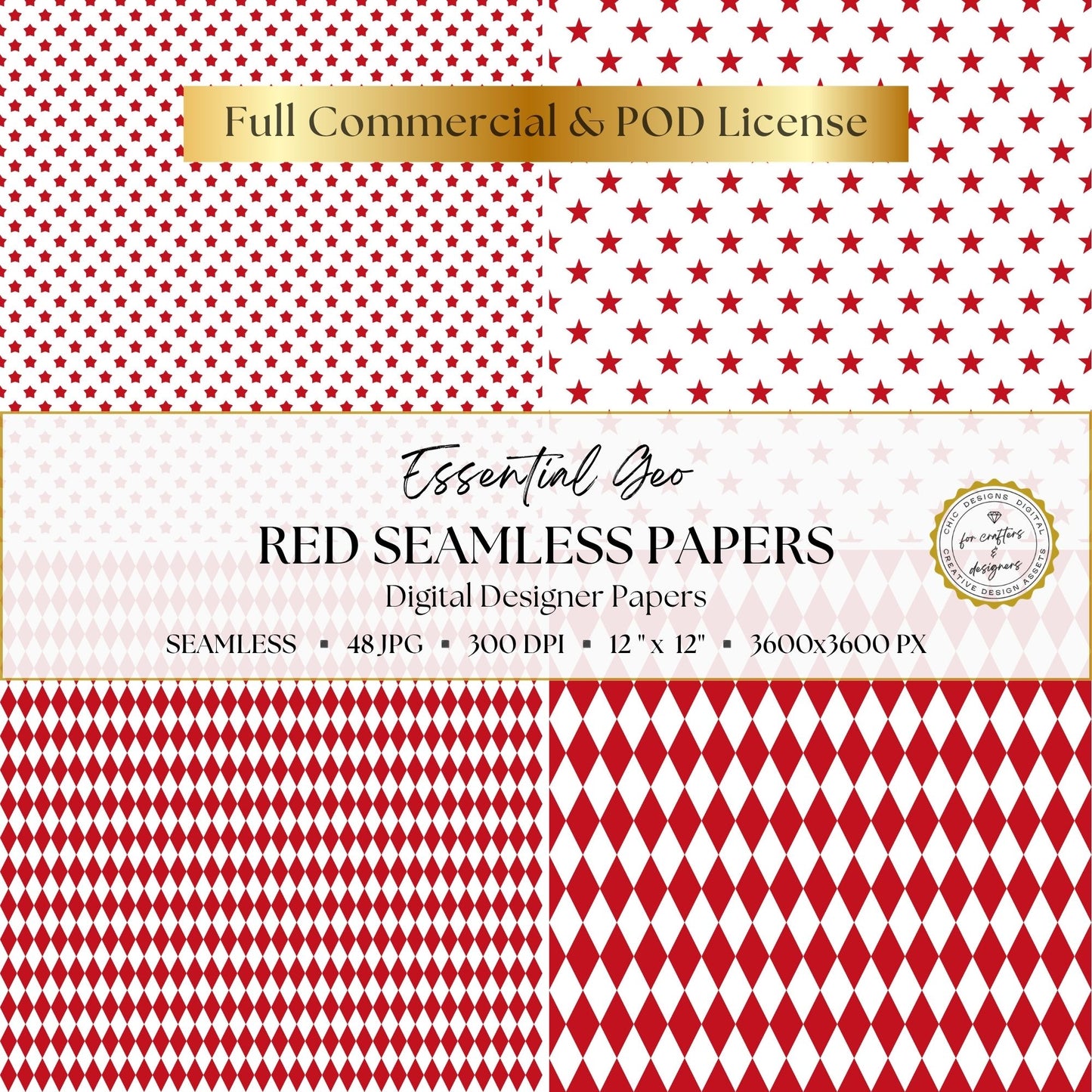 Red star and harlequin diamond seamless patterns.