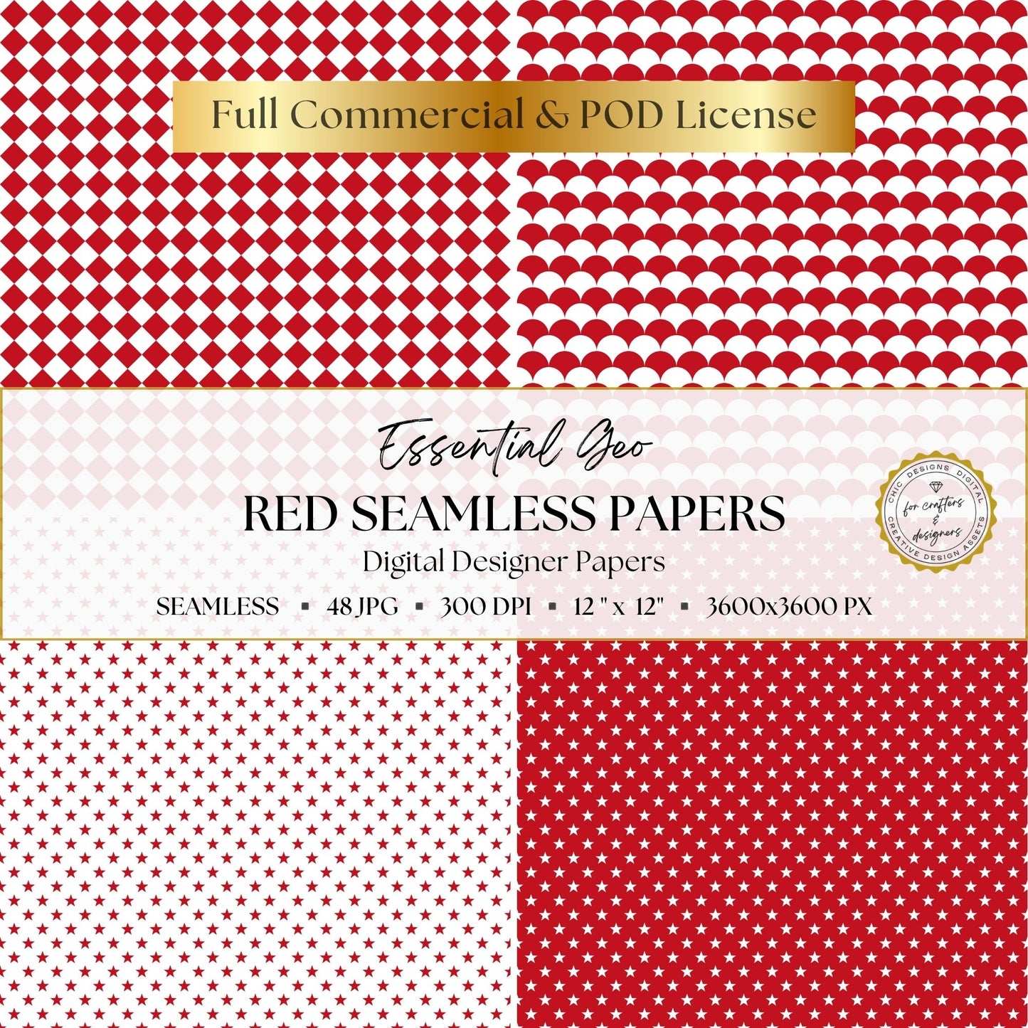 Red diamond, scallop and star digital papers in coordinating designs.