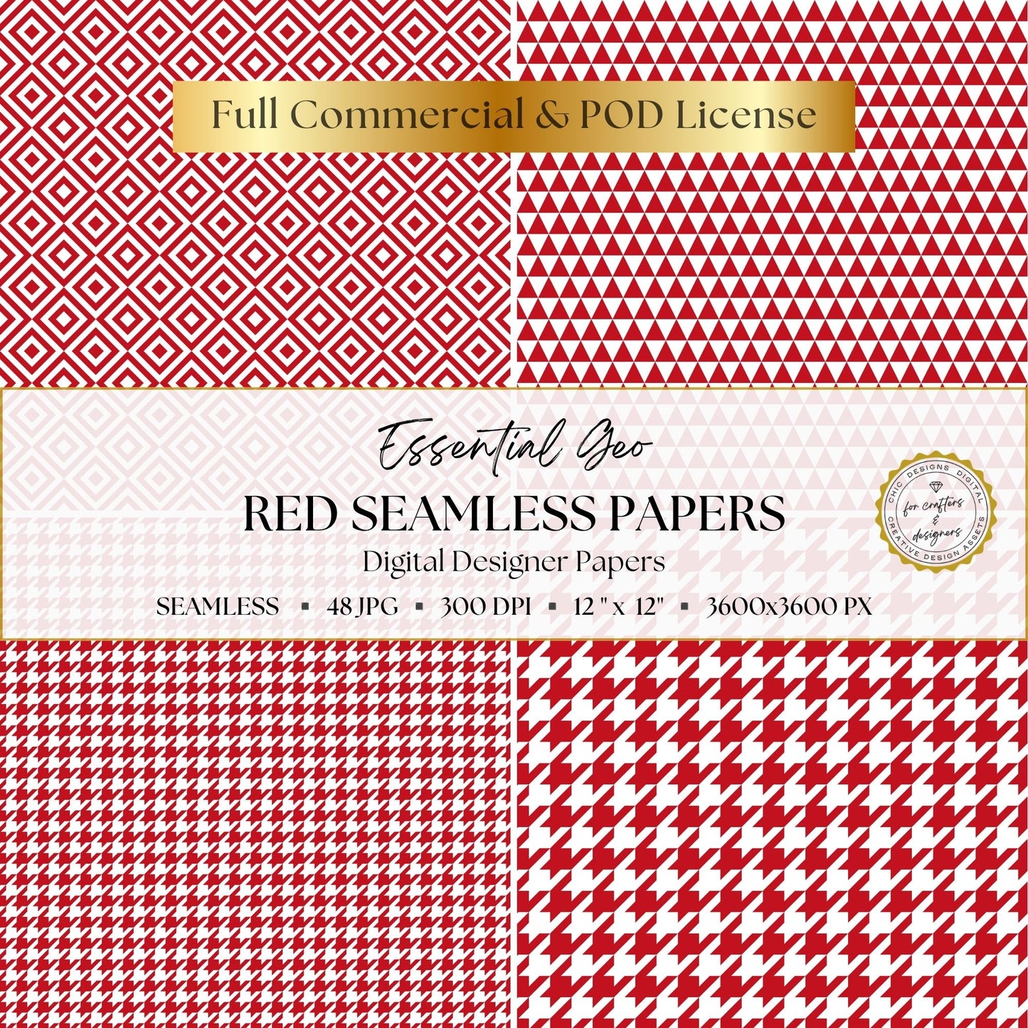 Red geometric diamond, triangle and houndstooth seamless patterns.