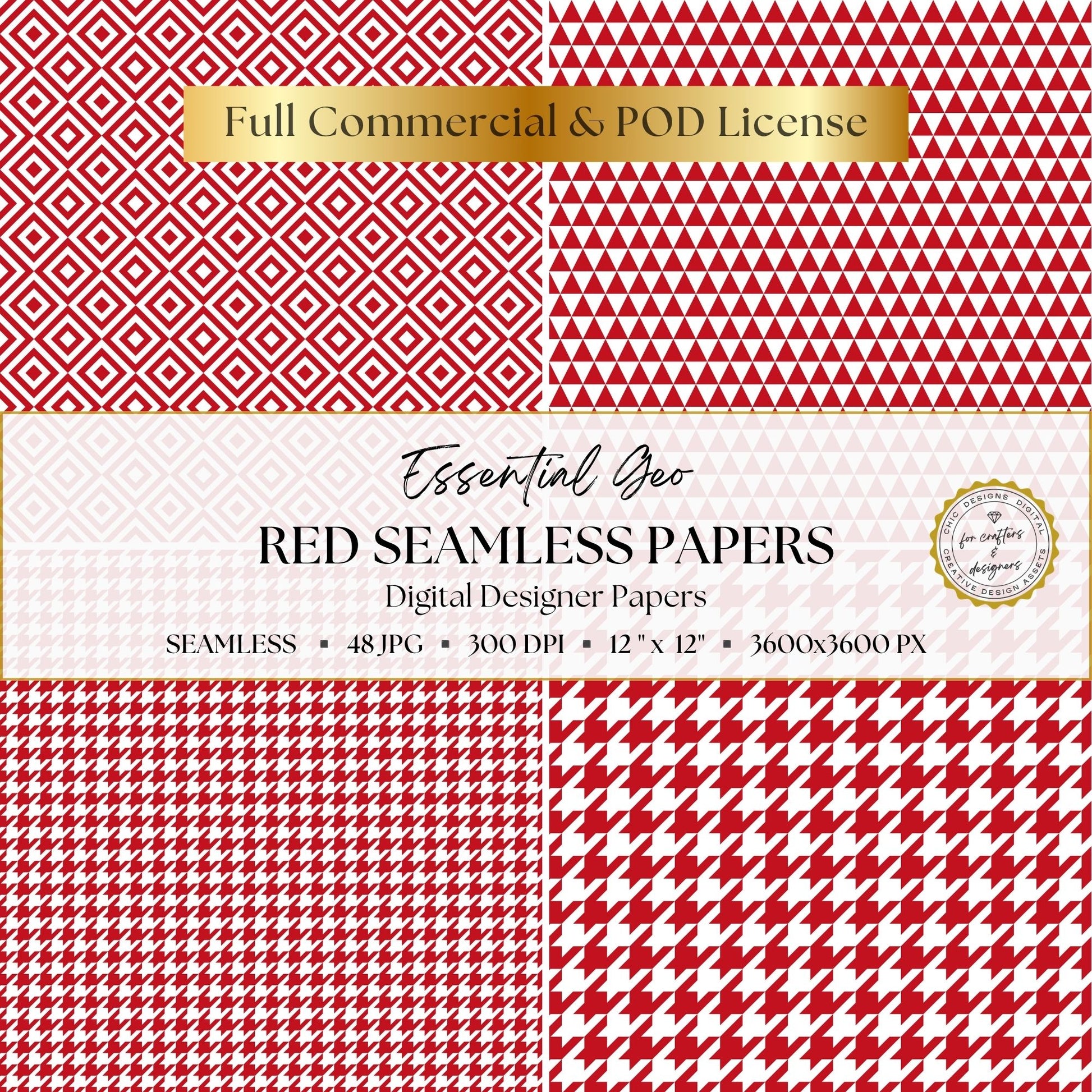 Red geometric diamond, triangle and houndstooth seamless patterns.