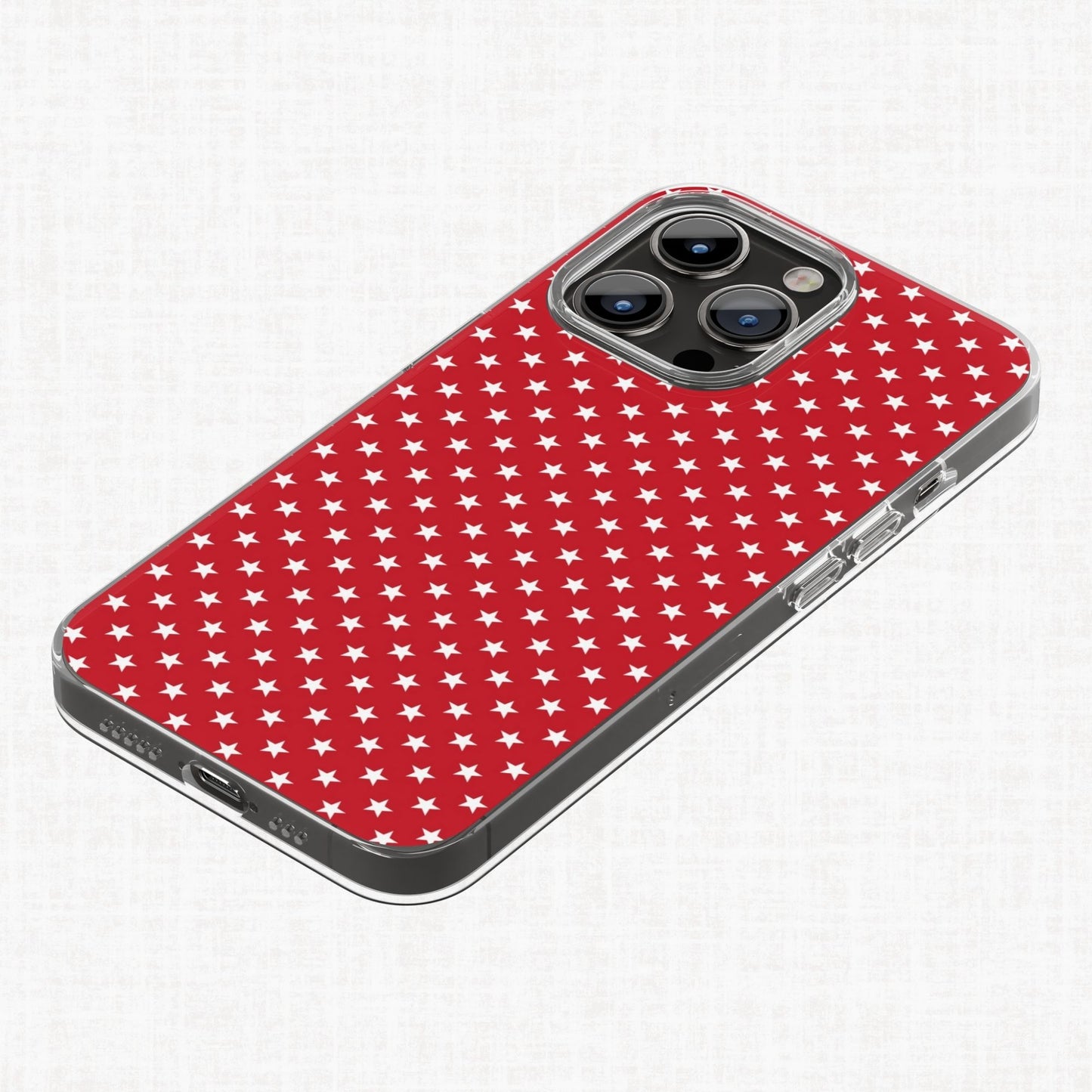 Phone case mockup featuring a red background with a repeating white star pattern.
