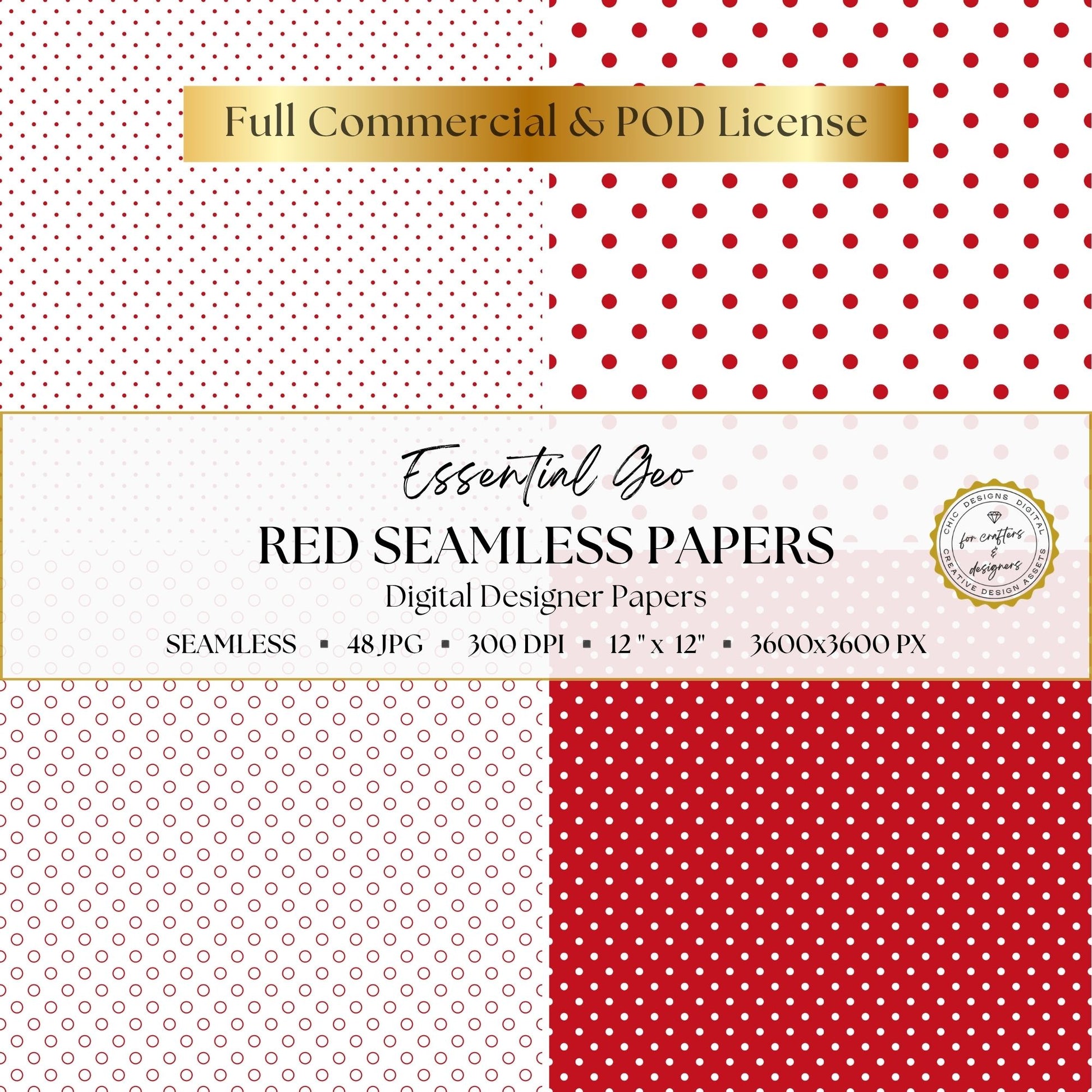 Red and white seamless polka dot patterns in fine and larger scales.