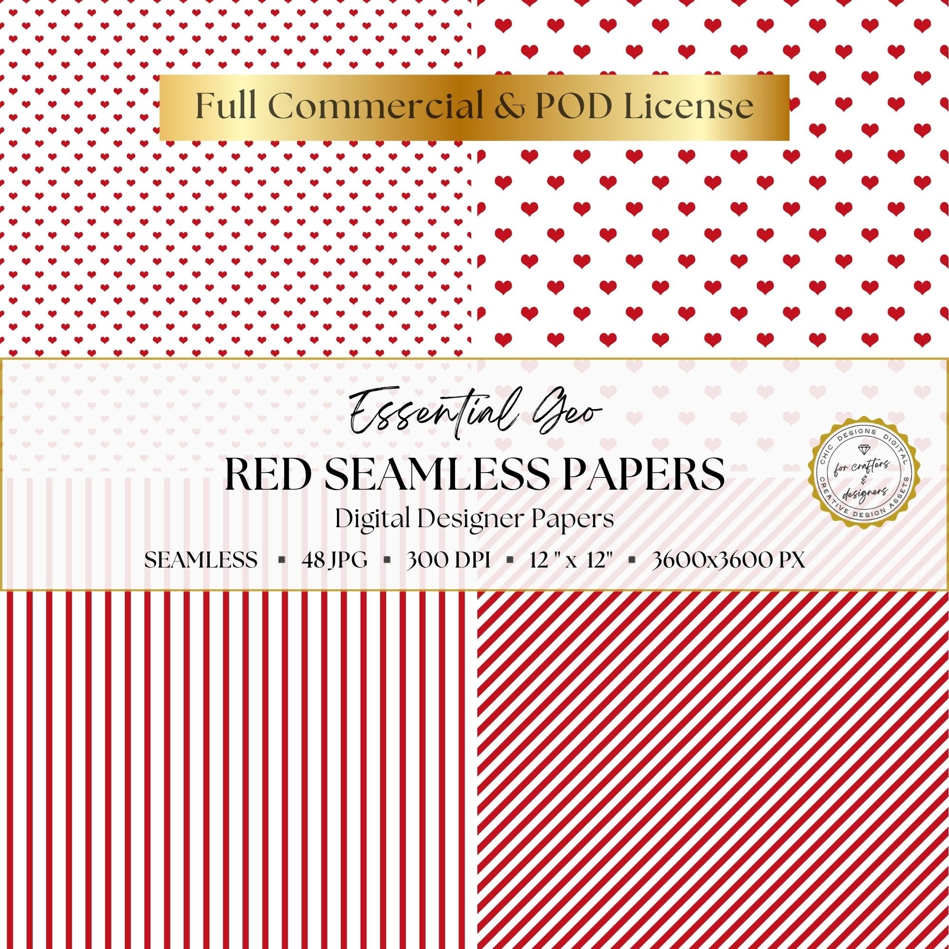 Red heart patterns and coordinating vertical and diagonal striped digital papers.