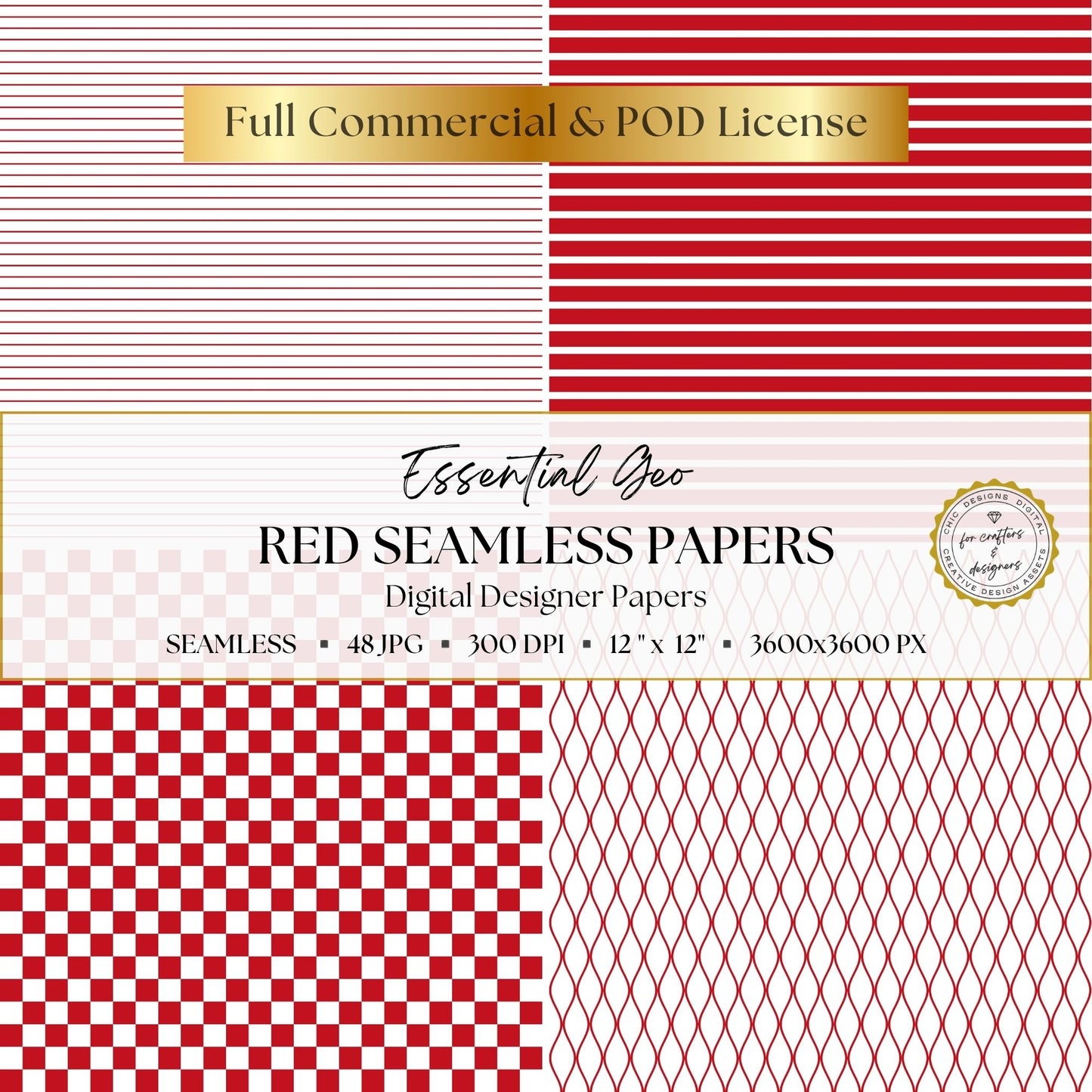 Red horizontal stripes, checkerboard and curved lattice seamless patterns.