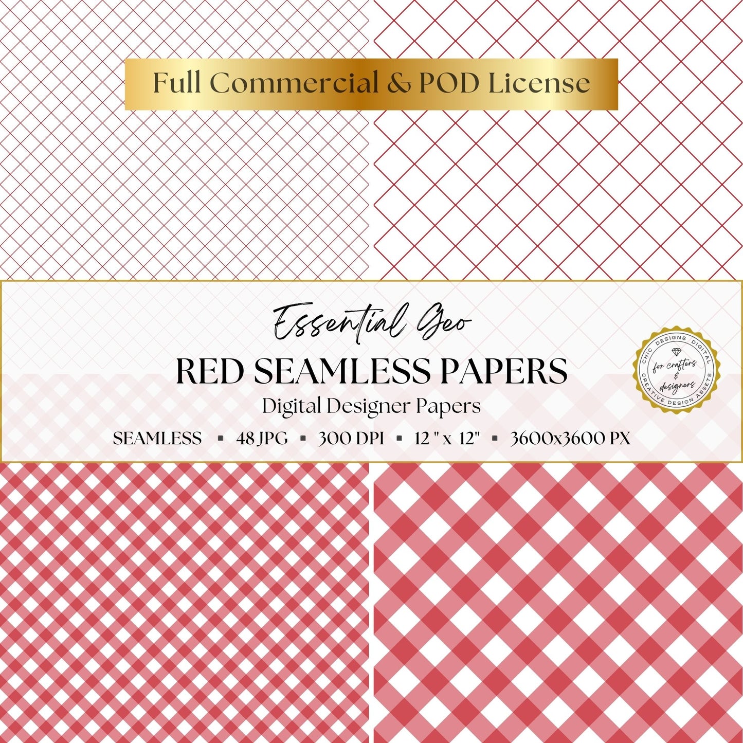 Red diamond lattice and gingham patterns shown in coordinating scales.
