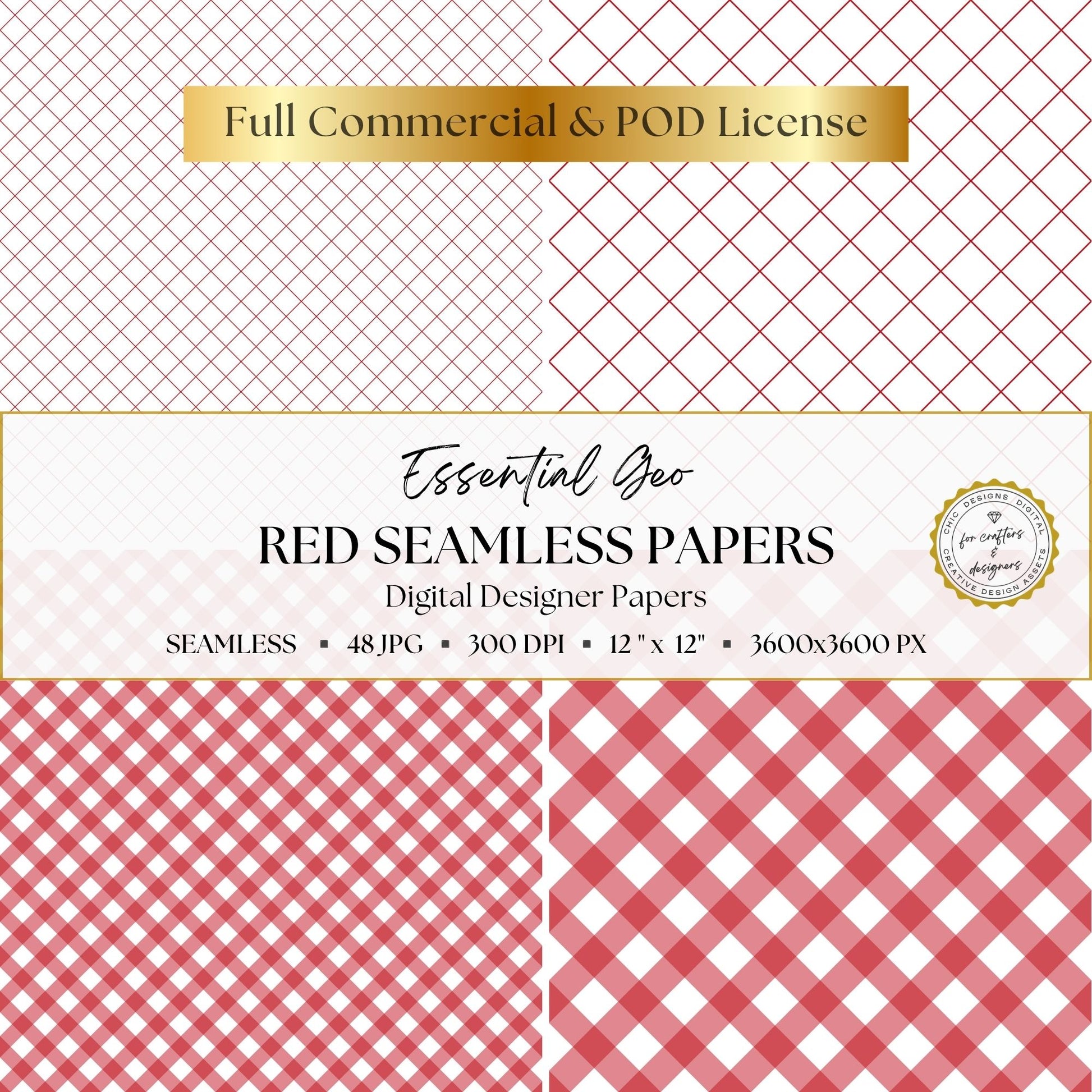 Red diamond lattice and gingham patterns shown in coordinating scales.