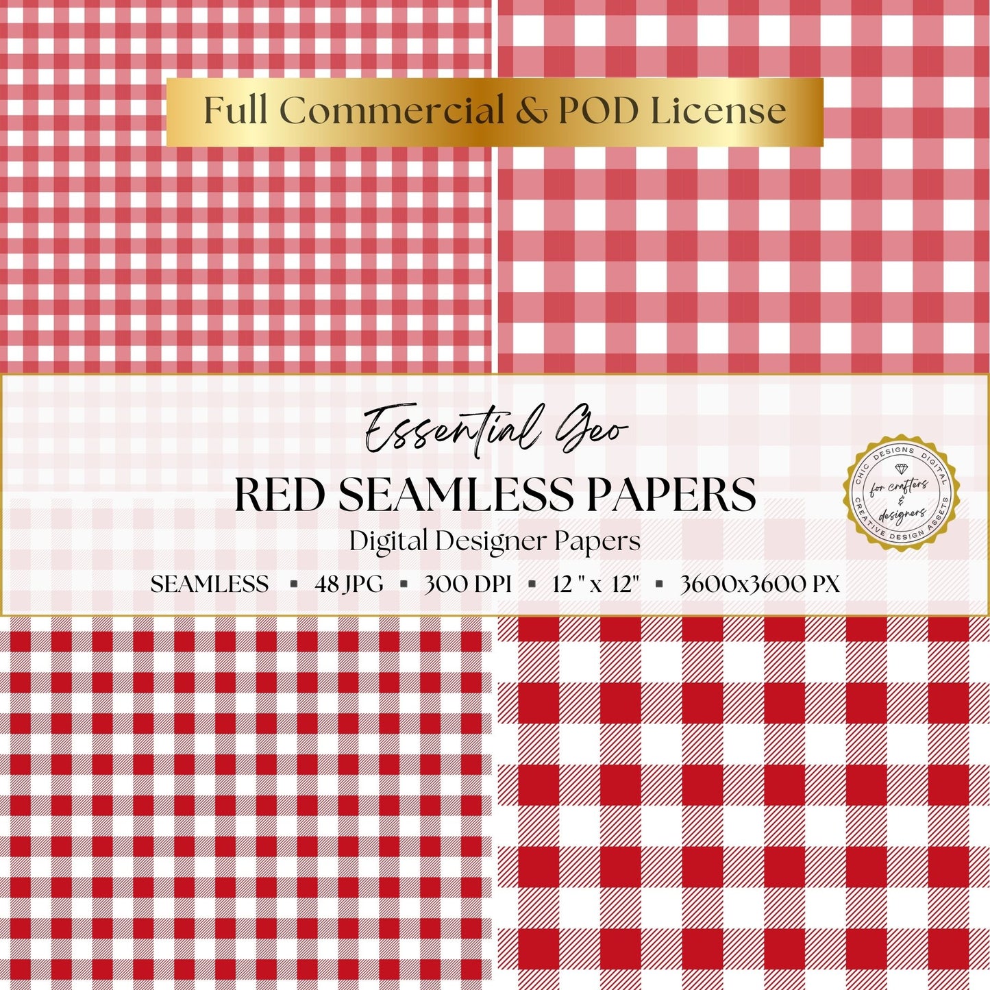 Red and white gingham and check patterns in four different scales.