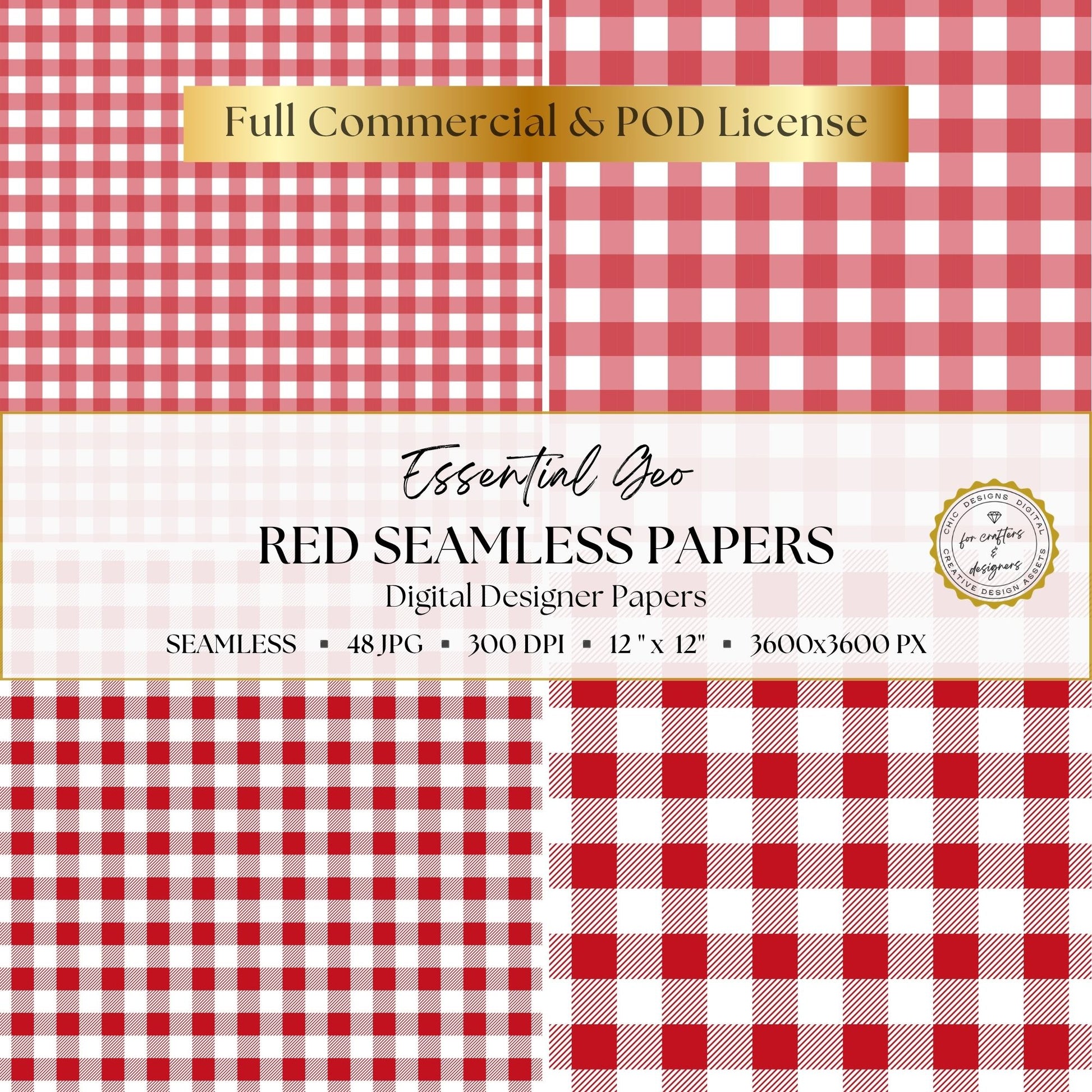 Red and white gingham and check patterns in four different scales.