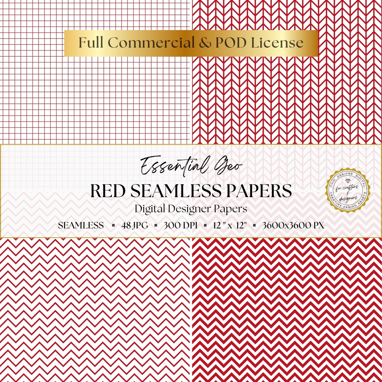 Red grid, herringbone and chevron seamless geometric patterns.