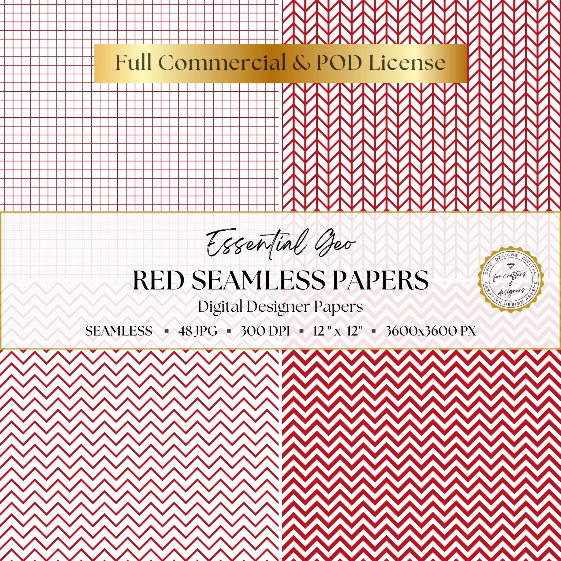 Red grid, herringbone and chevron seamless geometric patterns.