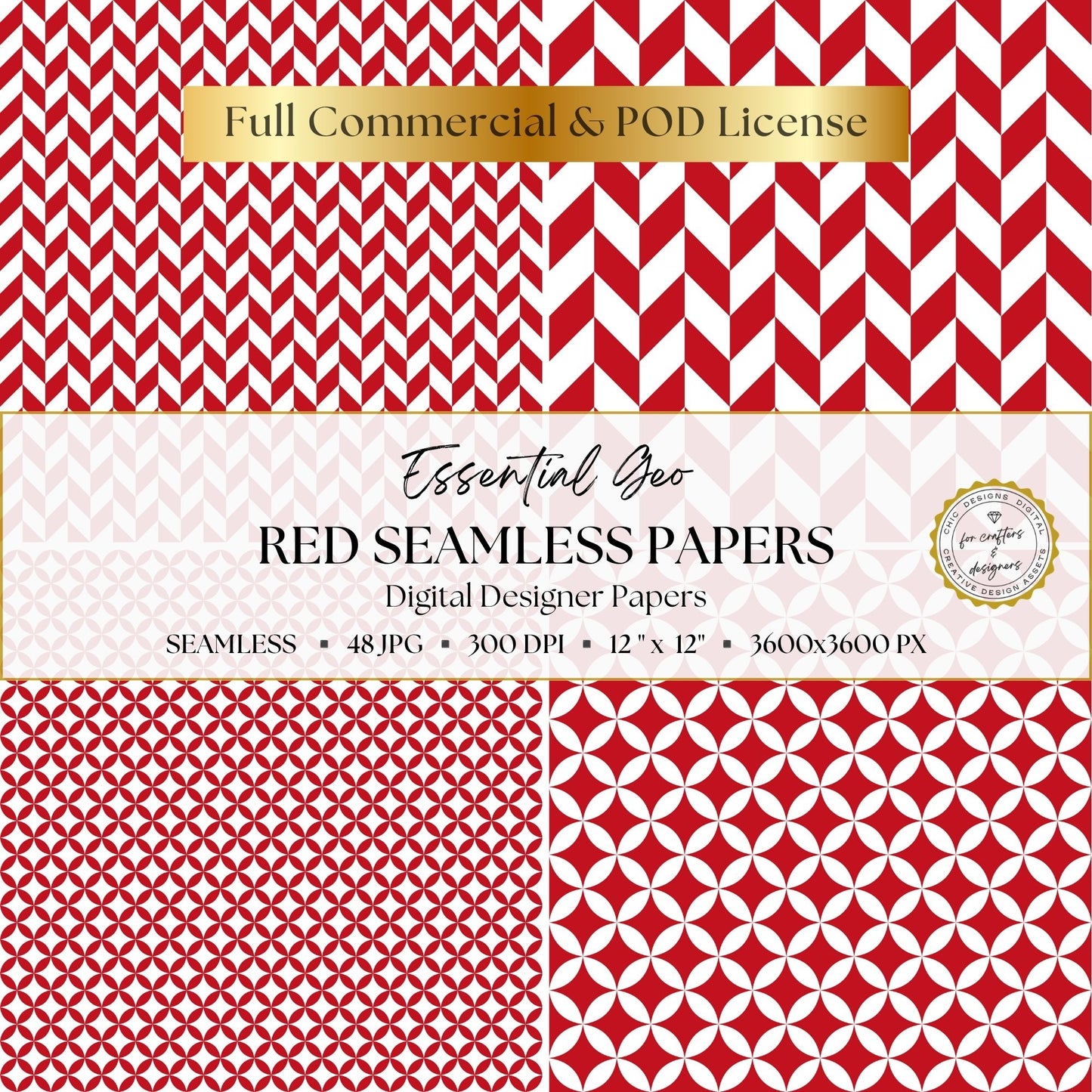 Red herringbone and interlocking geometric digital papers in coordinating scales.
