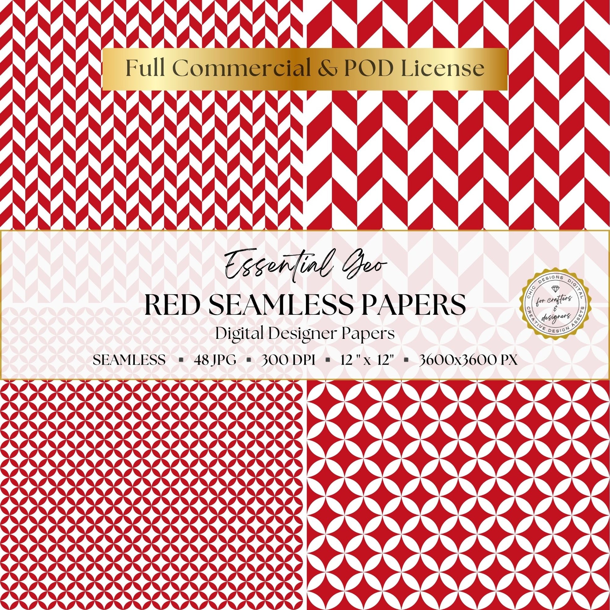 Red herringbone and interlocking geometric digital papers in coordinating scales.