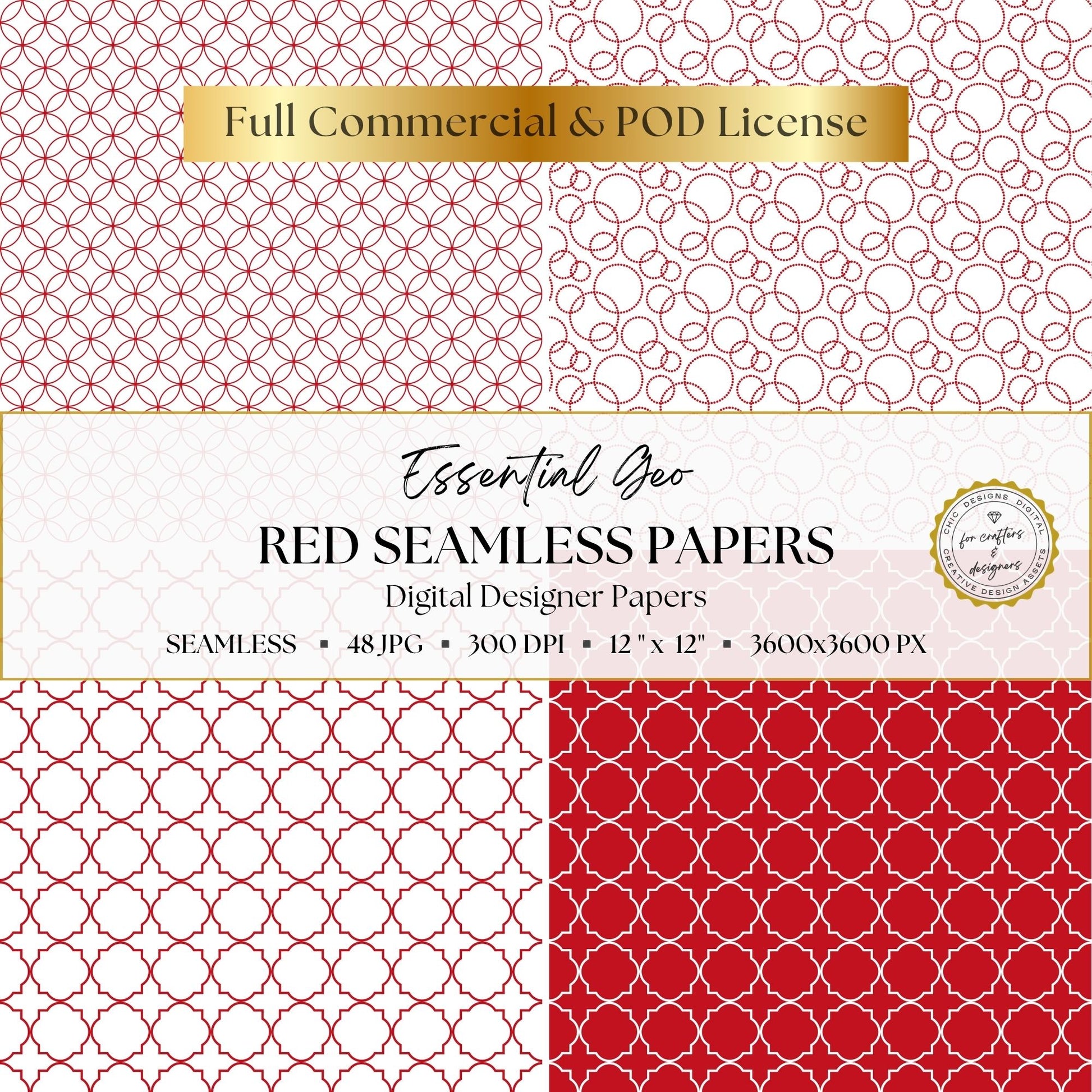 Red circular lattice, loop and quatrefoil seamless patterns.
