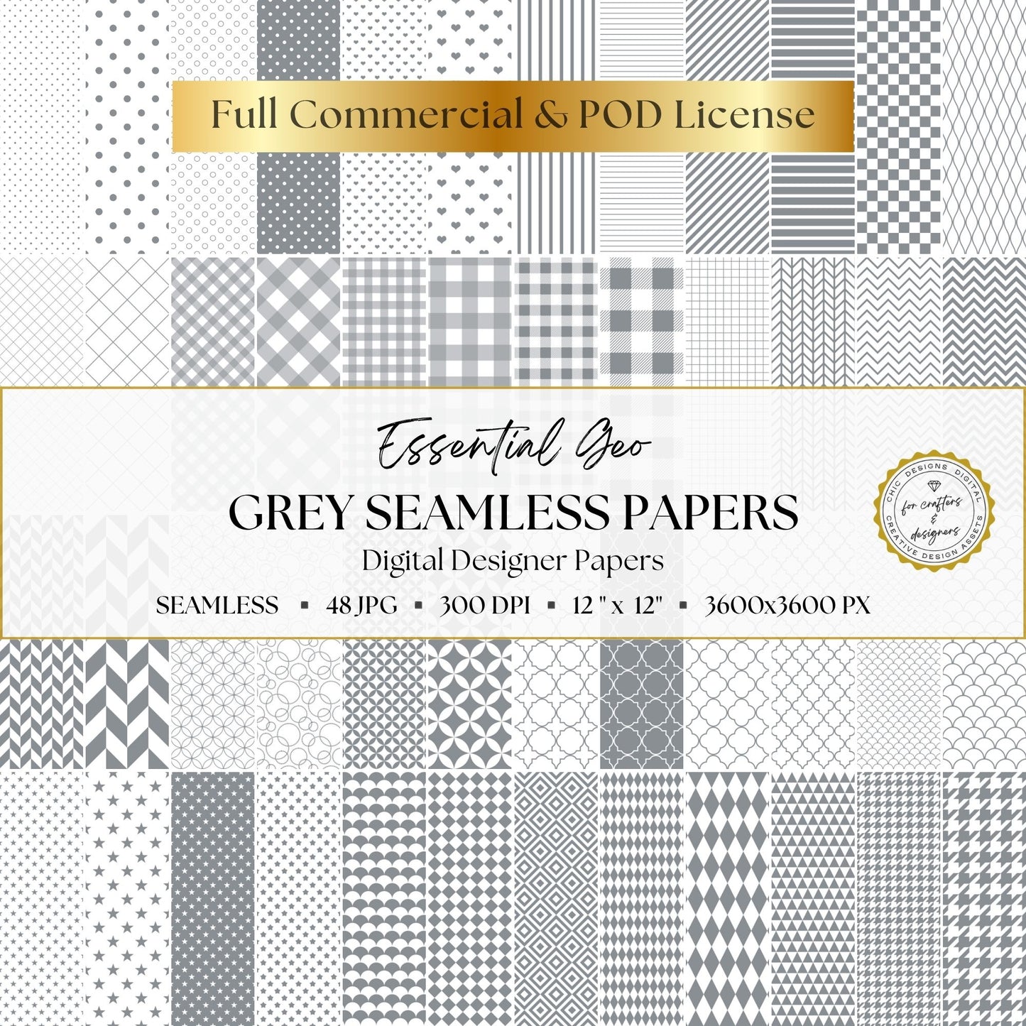Grey Essential Geo 48-piece seamless digital paper pack cover with grey and white geometric pattern collage