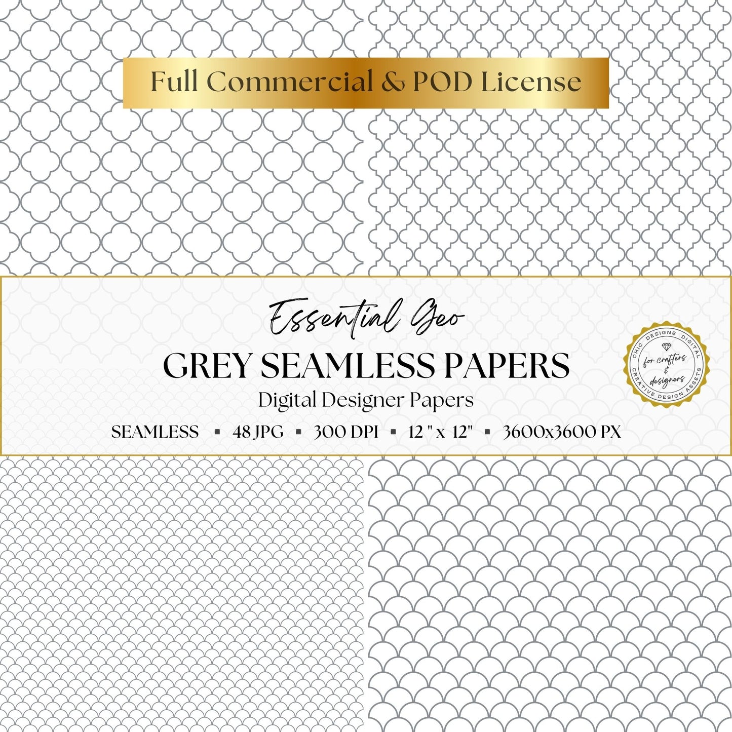 Grey quatrefoil and scallop seamless digital paper patterns