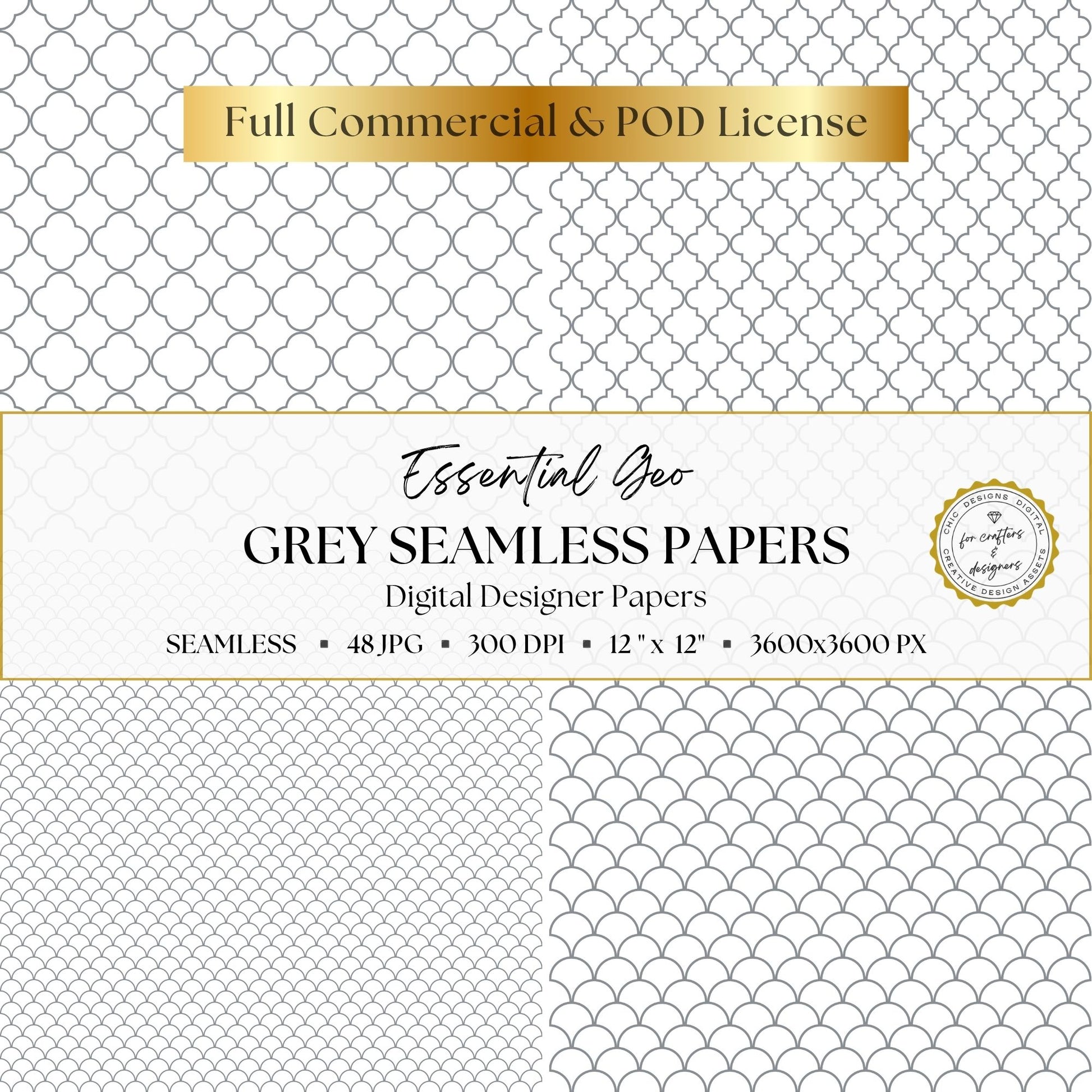 Grey quatrefoil and scallop seamless digital paper patterns