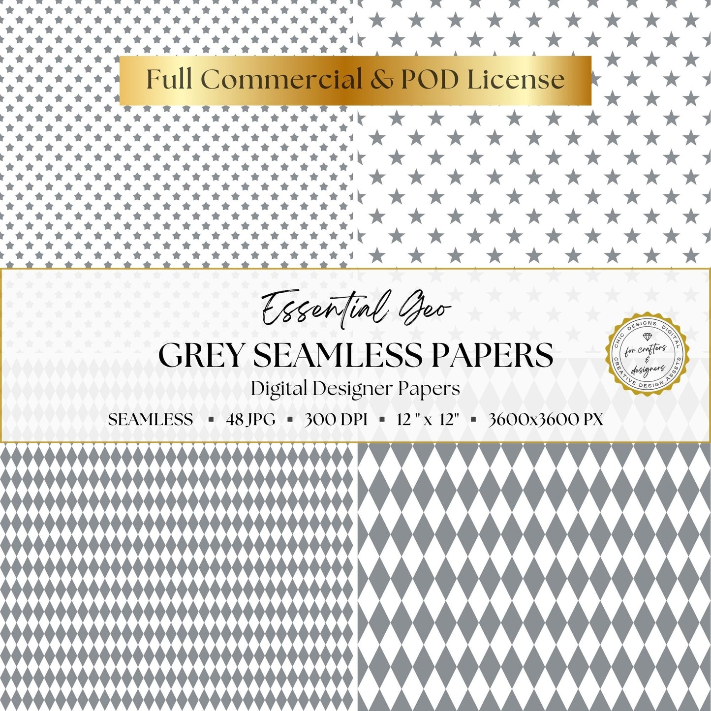 Grey star and harlequin seamless digital paper designs