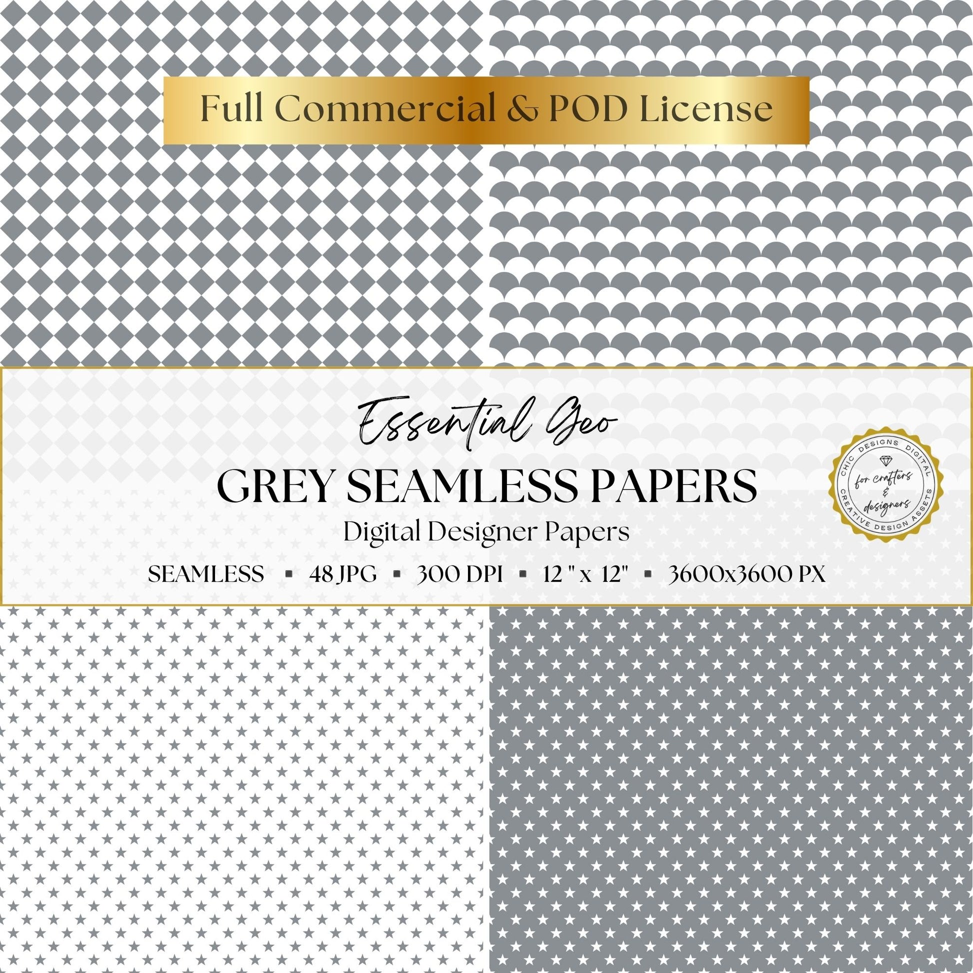 Grey argyle, scallop and star seamless geometric digital paper patterns