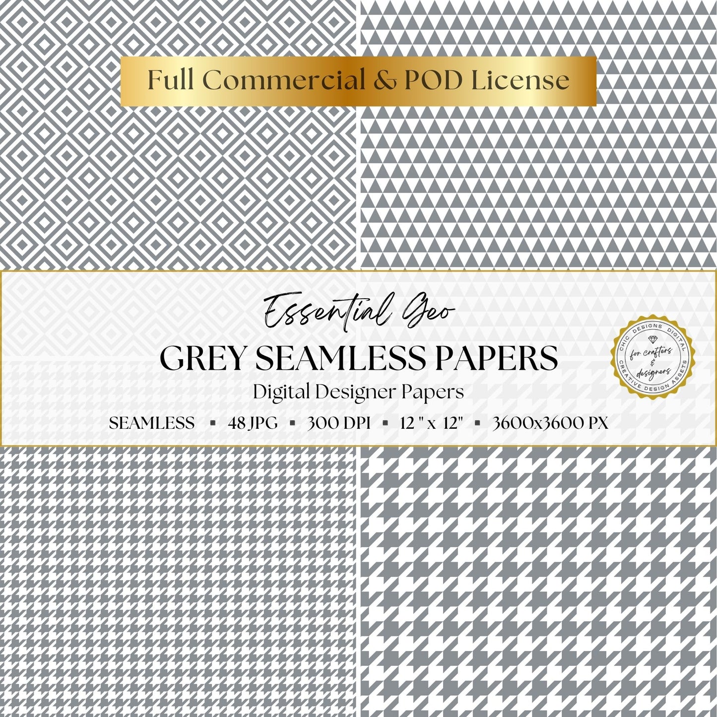 Grey diamond, triangle and houndstooth seamless digital paper patterns
