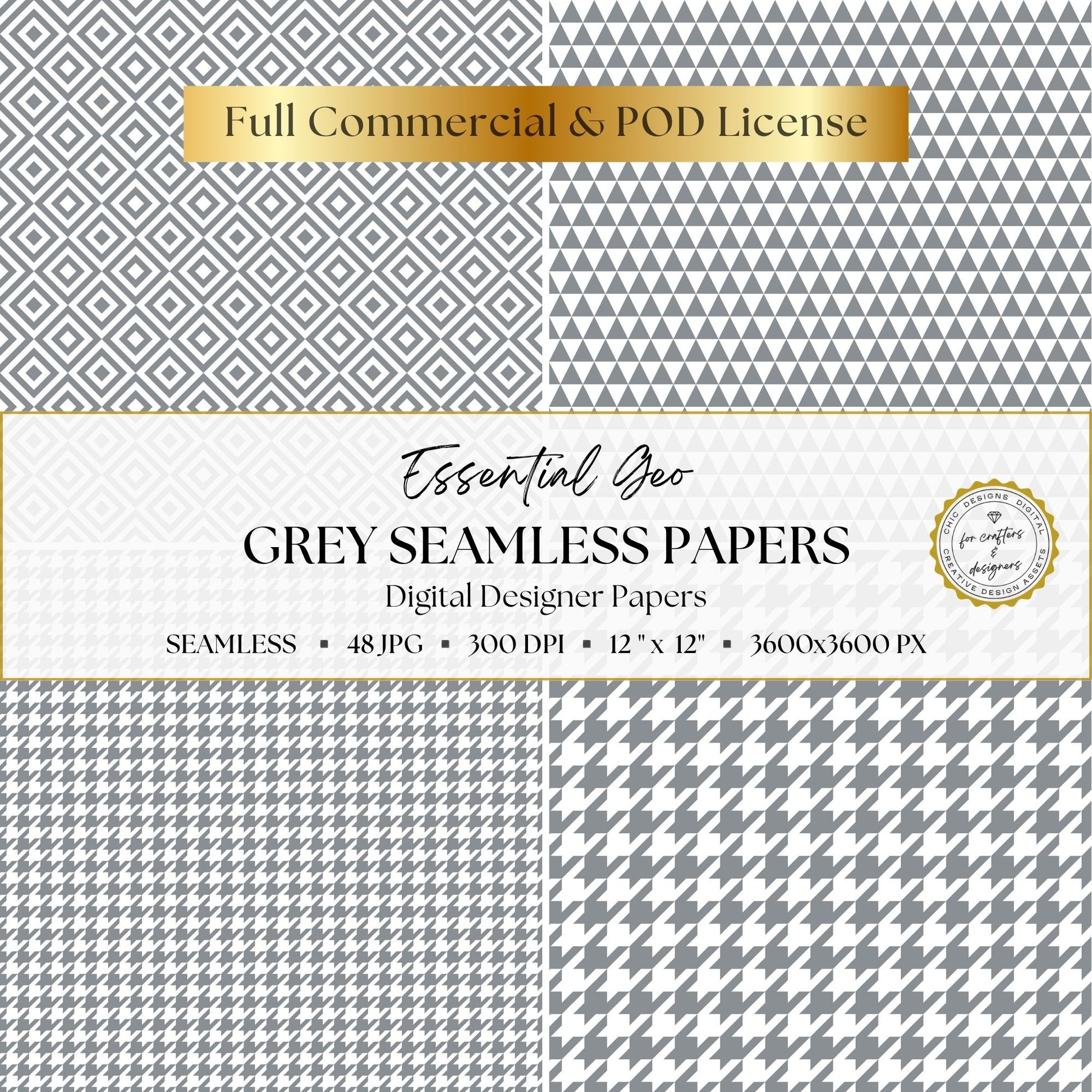 Grey diamond, triangle and houndstooth seamless digital paper patterns
