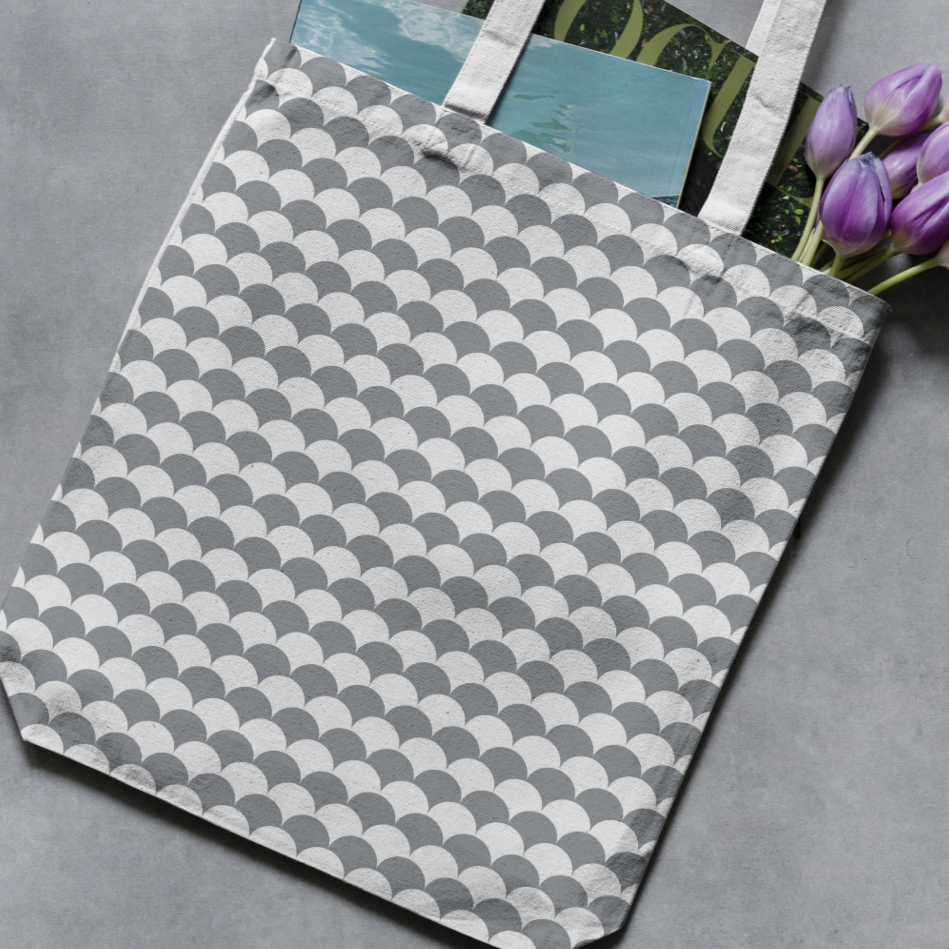 Grey and white scallop Essential Geo pattern shown on a canvas tote bag mockup