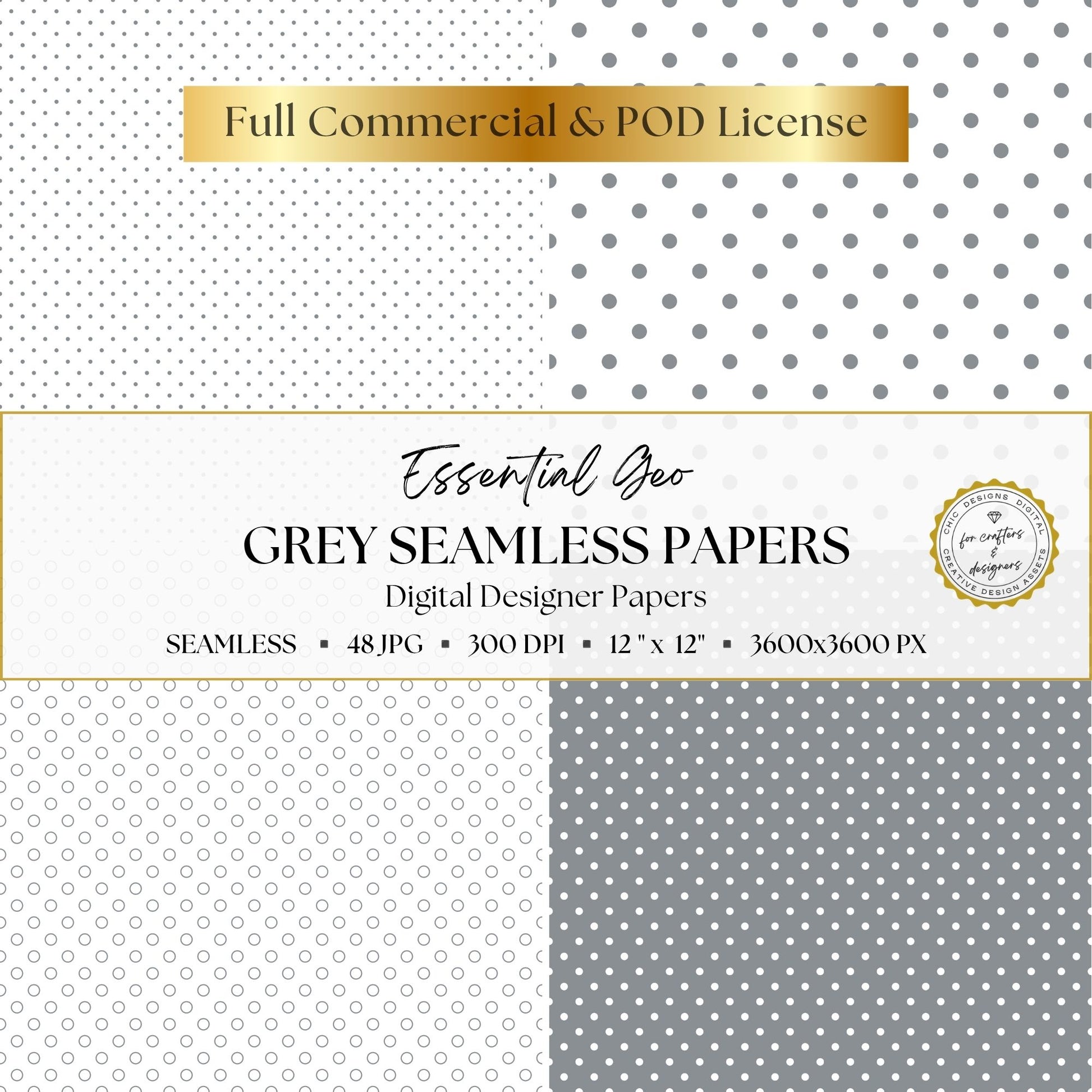 Grey and white polka dot seamless digital paper designs from the Essential Geo collection