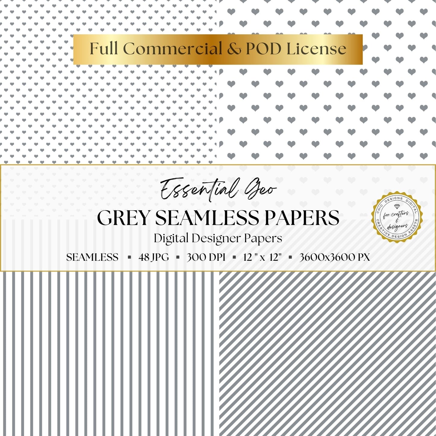 Grey and white heart and stripe seamless geometric digital paper patterns
