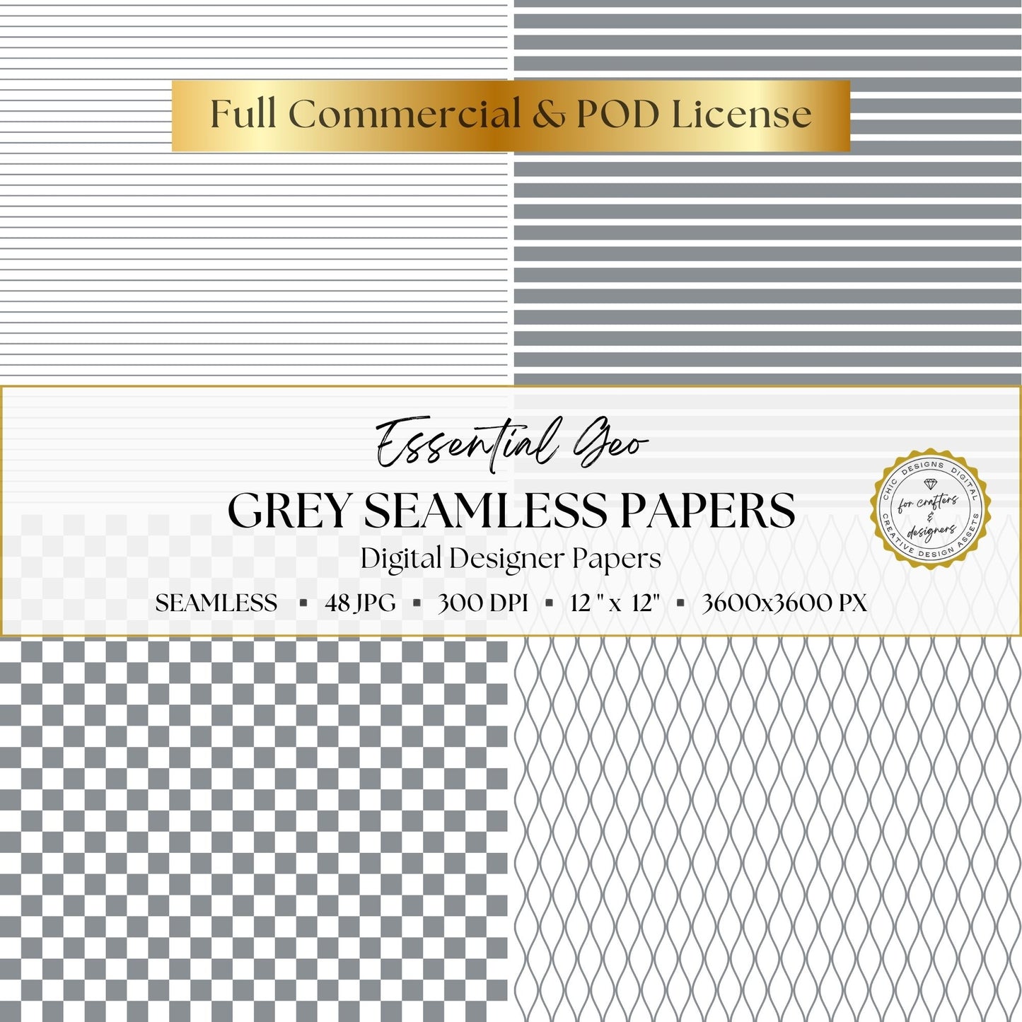 Grey striped, checkerboard and lattice seamless digital paper patterns