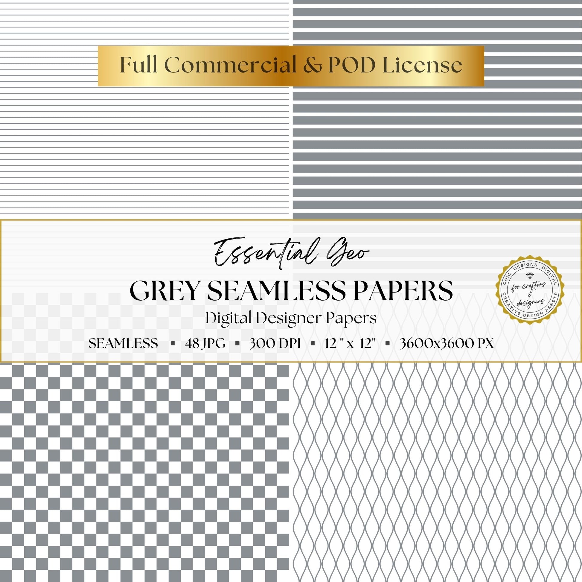 Grey striped, checkerboard and lattice seamless digital paper patterns