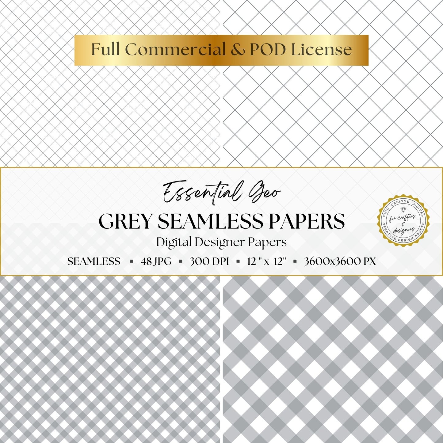 Grey gingham and diamond lattice seamless digital paper patterns